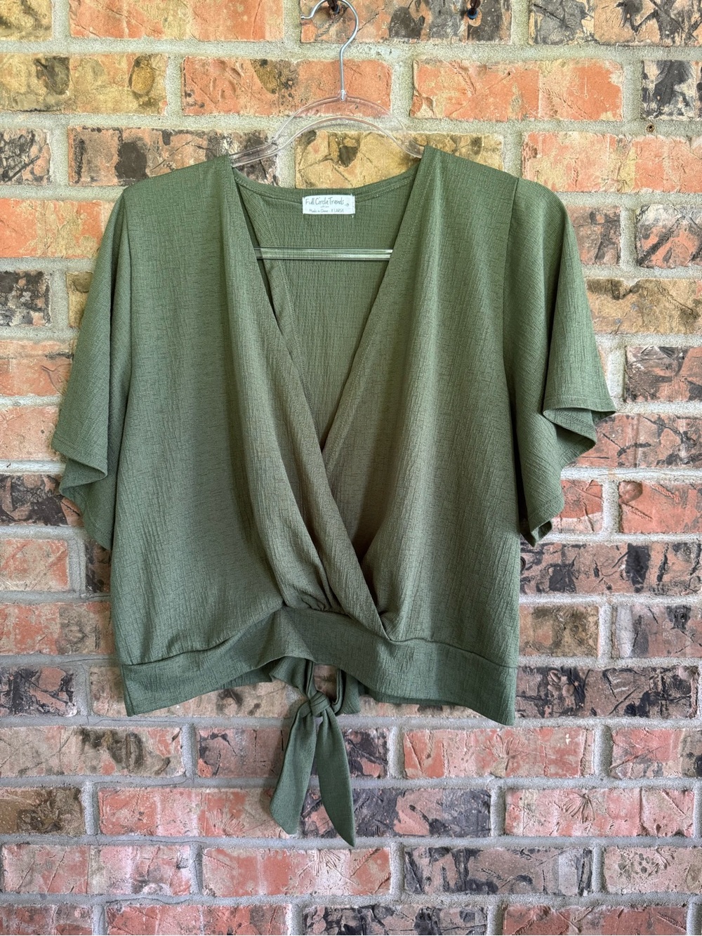 Full Circle Trends XL Olive Green Wrap Style Blouse Tie Front Textured Boho